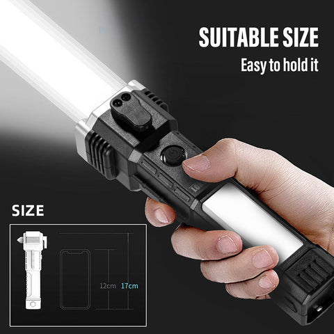3w Rechargeable Led Flashlight And Power Bank , Most Powerful Portable Led Torch, Super Bright, Waterproof Torch Light With Hanging Magnet And Safety Window Breaking Hammer & Seat Belt Cutter For Camping, Hiking, Outdoor Emergency