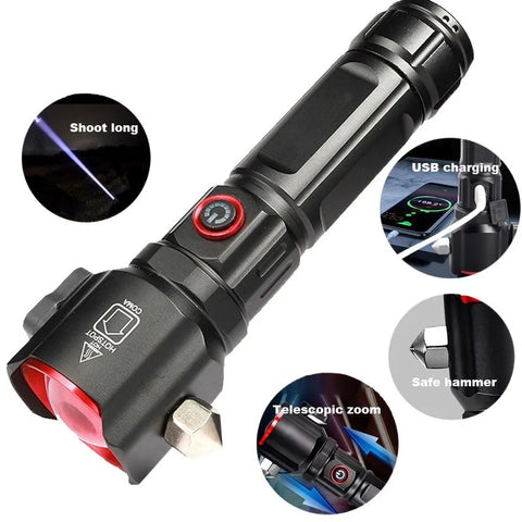 3w Rechargeable Led Flashlight And Power Bank , Most Powerful Portable Led Torch, Super Bright, Waterproof Torch Light With Hanging Magnet And Safety Window Breaking Hammer & Seat Belt Cutter For Camping, Hiking, Outdoor Emergency