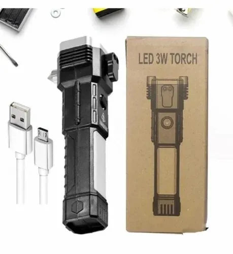 3w Rechargeable Led Flashlight And Power Bank , Most Powerful Portable Led Torch, Super Bright, Waterproof Torch Light With Hanging Magnet And Safety Window Breaking Hammer & Seat Belt Cutter For Camping, Hiking, Outdoor Emergency