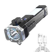 3w Rechargeable Led Flashlight And Power Bank , Most Powerful Portable Led Torch, Super Bright, Waterproof Torch Light With Hanging Magnet And Safety Window Breaking Hammer & Seat Belt Cutter For Camping, Hiking, Outdoor Emergency
