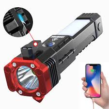 3w Rechargeable Led Flashlight And Power Bank , Most Powerful Portable Led Torch, Super Bright, Waterproof Torch Light With Hanging Magnet And Safety Window Breaking Hammer & Seat Belt Cutter For Camping, Hiking, Outdoor Emergency